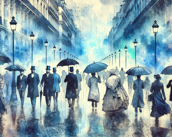 Misty Historical Street Scene with Elegant Figures