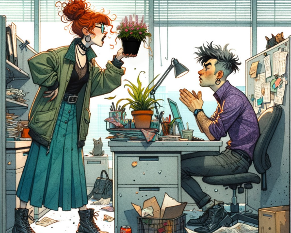 Office Scene with Animated Discussion and City View