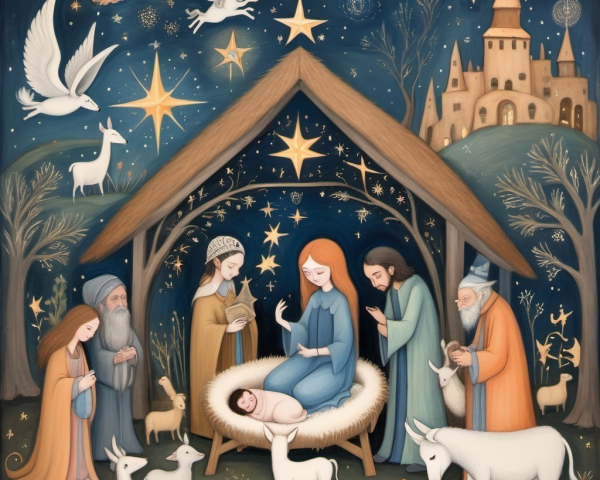 Celestial Christmas Nativity Scene in Watercolor