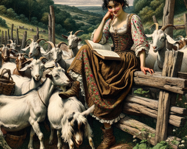 Young Woman Reading on Fence with Goats in Countryside