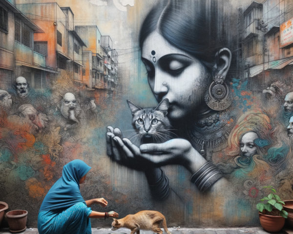 Vibrant Mural of Woman with Cat and Urban Scene