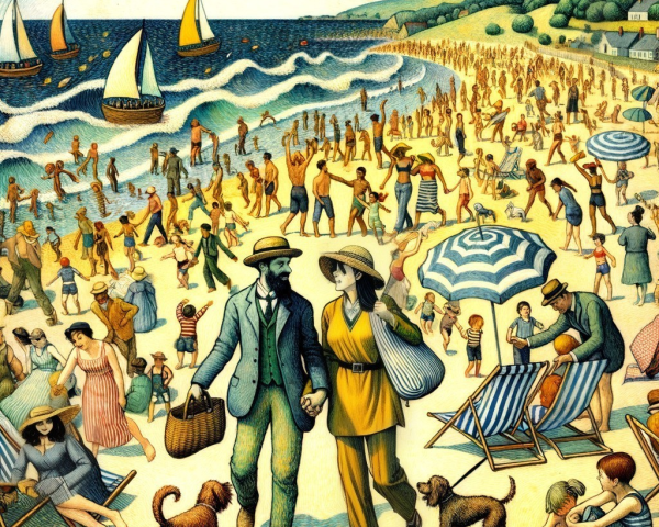 Vibrant Beach Scene with Sunbathers and Activities