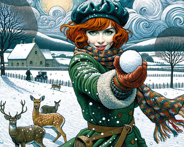 Vibrant Winter Scene with Young Woman and Snowy Landscape