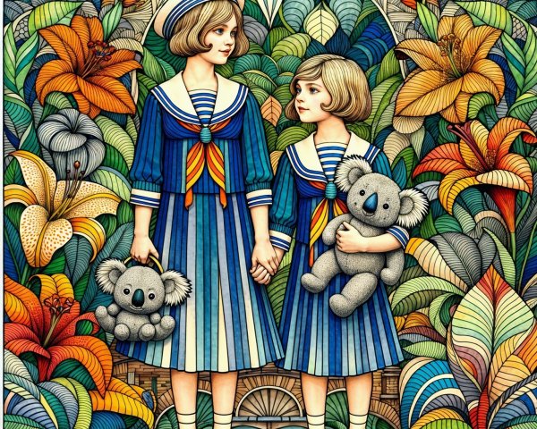 Girls in Striped Sailor Dresses with Plush Koalas