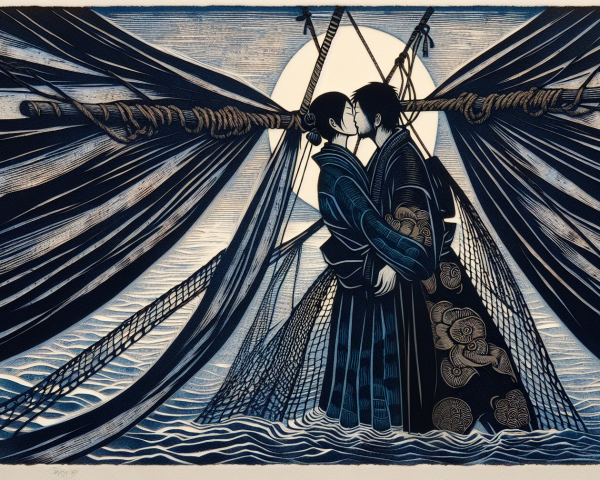 Silhouetted Figures Embracing Under a Luminous Moon