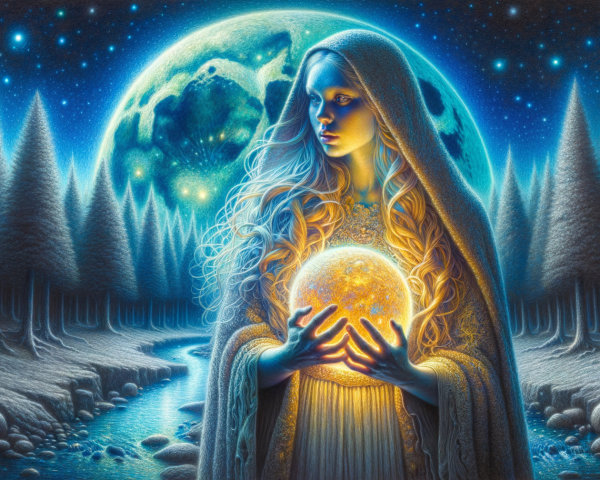Mystical Figure in Serene Landscape with Glowing Orb