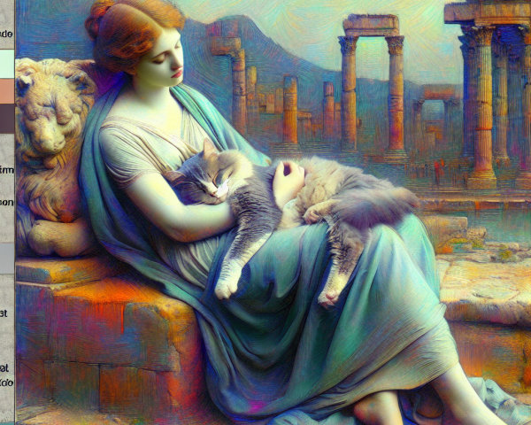 Serene Woman with Cat on Ancient Ruins Landscape