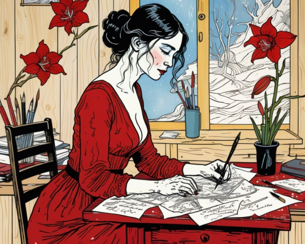 Woman in Red Dress Writing at a Wooden Table