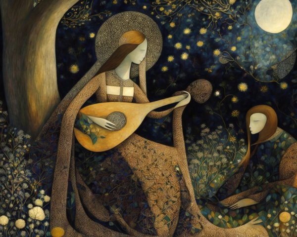 Moonlit Scene of a Lute Player and Captivated Listener