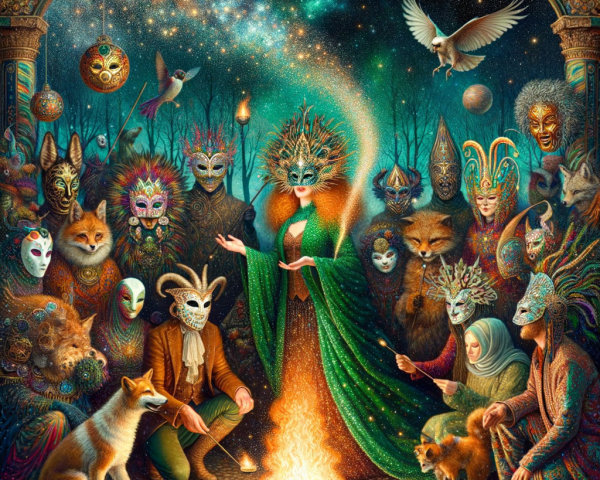 Mystical Gathering Around Campfire in Starry Forest