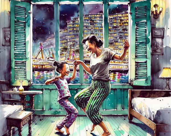 Watercolor Painting of Mother and Daughter Dancing