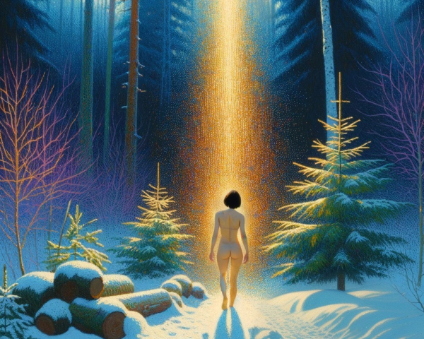 Nude Woman Walking on Snowy Path Towards Golden Light