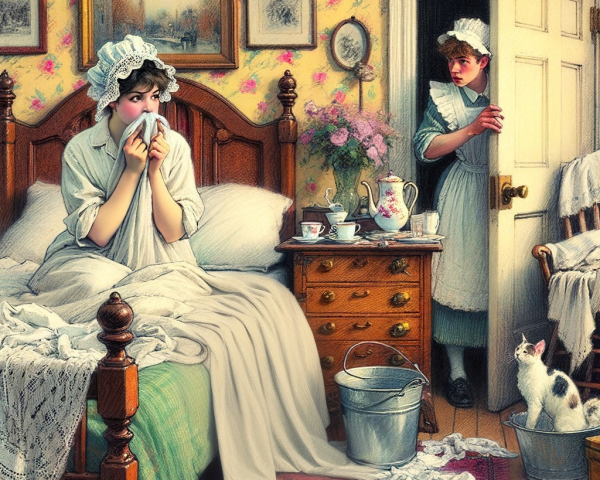 Vintage Bedroom Scene with Woman, Maid, and Cat