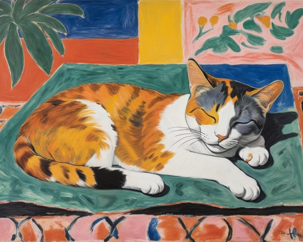 Vibrant Painting of a Sleeping Calico Cat on Cushion