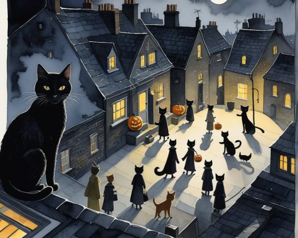 Moonlit Village Gathering with Shadowy Figures and Cats