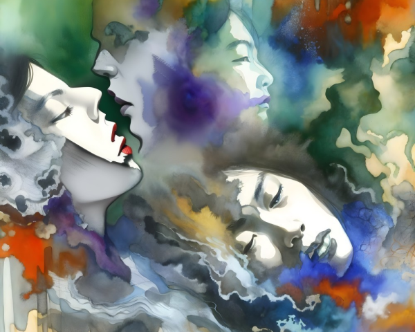 Ethereal Faces in Vibrant Abstract Color Blend