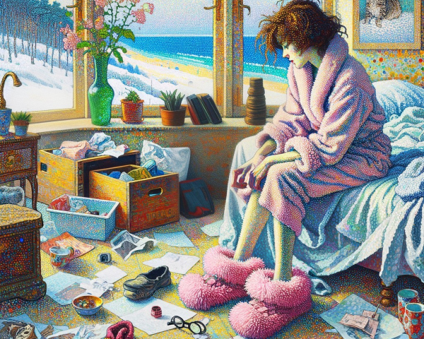 Pointillism Depiction of a Messy Room and Woman