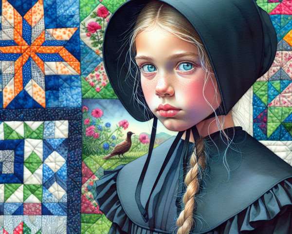 Young girl in traditional dress with vibrant quilt backdrop
