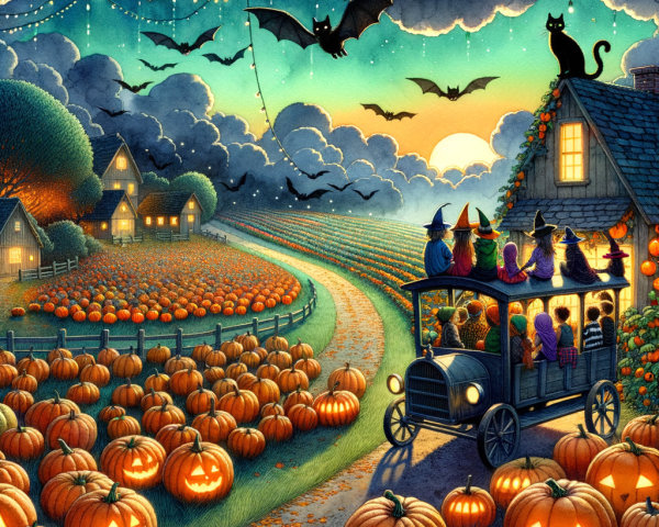 Whimsical Halloween Scene with Children in Costumes