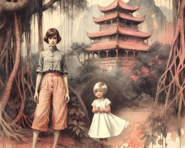 Figures in Vintage Clothing by a Traditional Pagoda