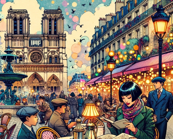 Vibrant Parisian Café Scene with Notre-Dame Cathedral
