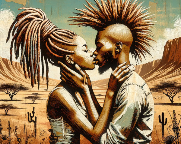 Couple Kissing in Vibrant Savanna Landscape Illustration