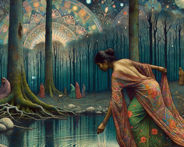Mystical Forest Scene with Ethereal Figures and Water