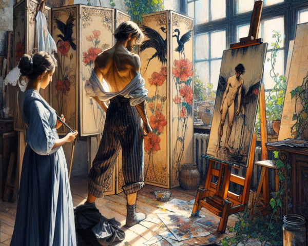 Artist's Studio with Model and Floral Decor Elements