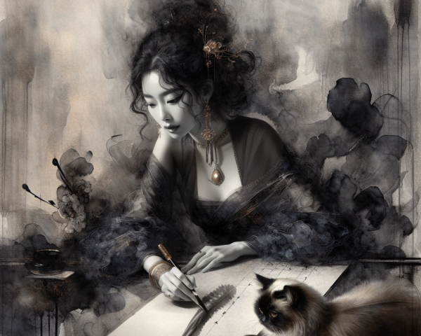 Elegant Woman Writing at Desk with Cat in Misty Setting