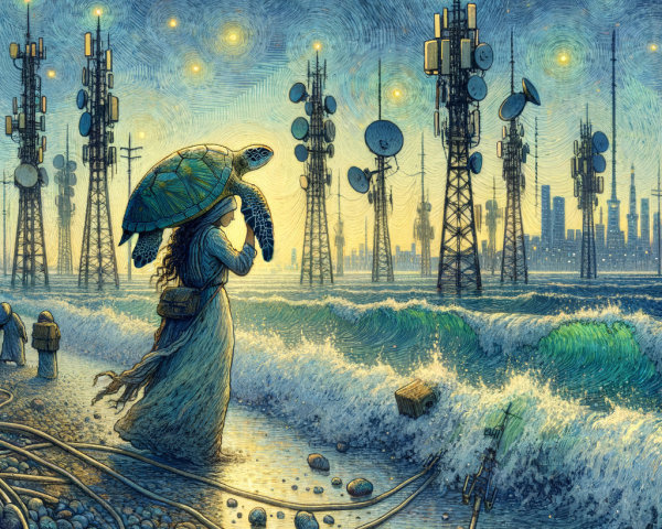 Neo-impressionist painting of a woman with a turtle at dusk