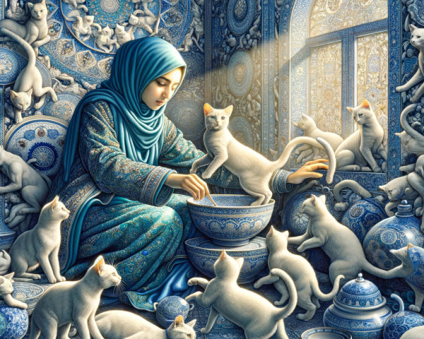Young Woman with Cats in Ornate Tile Room