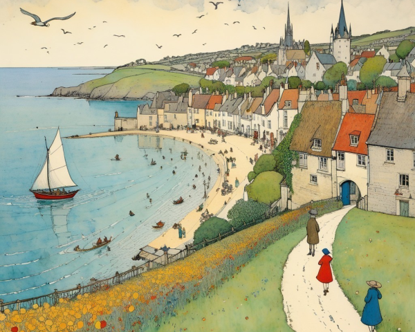 Charming Coastal Village Scene with Sailboat and Flowers