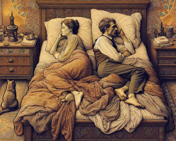 Couple in Thoughtful Bedroom with Cat and Ornate Decor