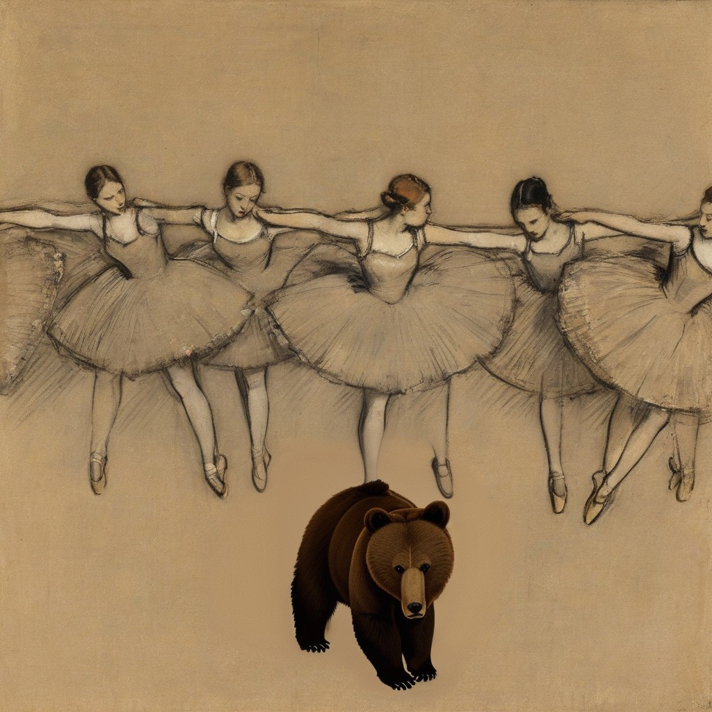 Ballet Dancers Posed with a Bear in Soft Contrast