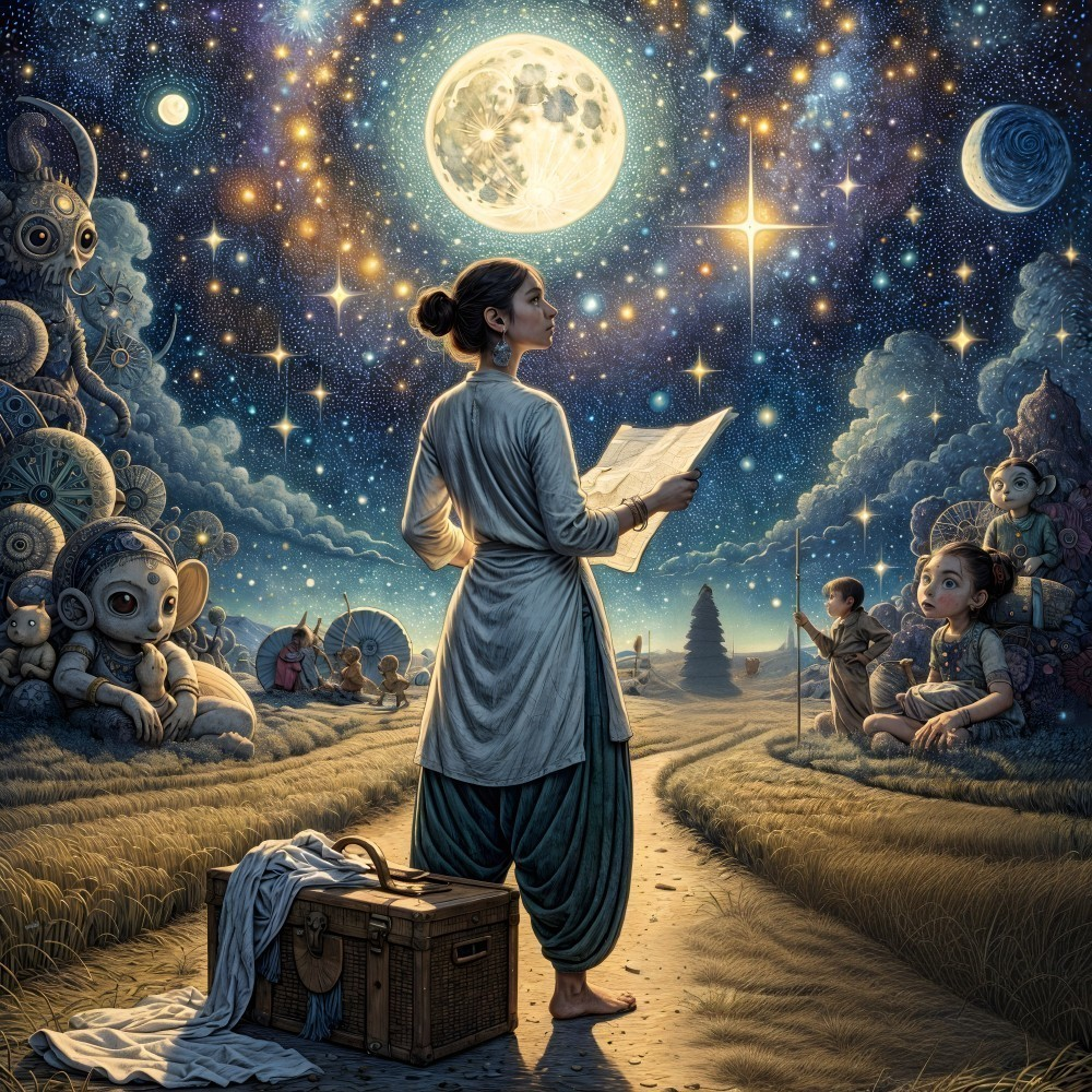 Woman on a Path Under Starry Sky with Full Moon