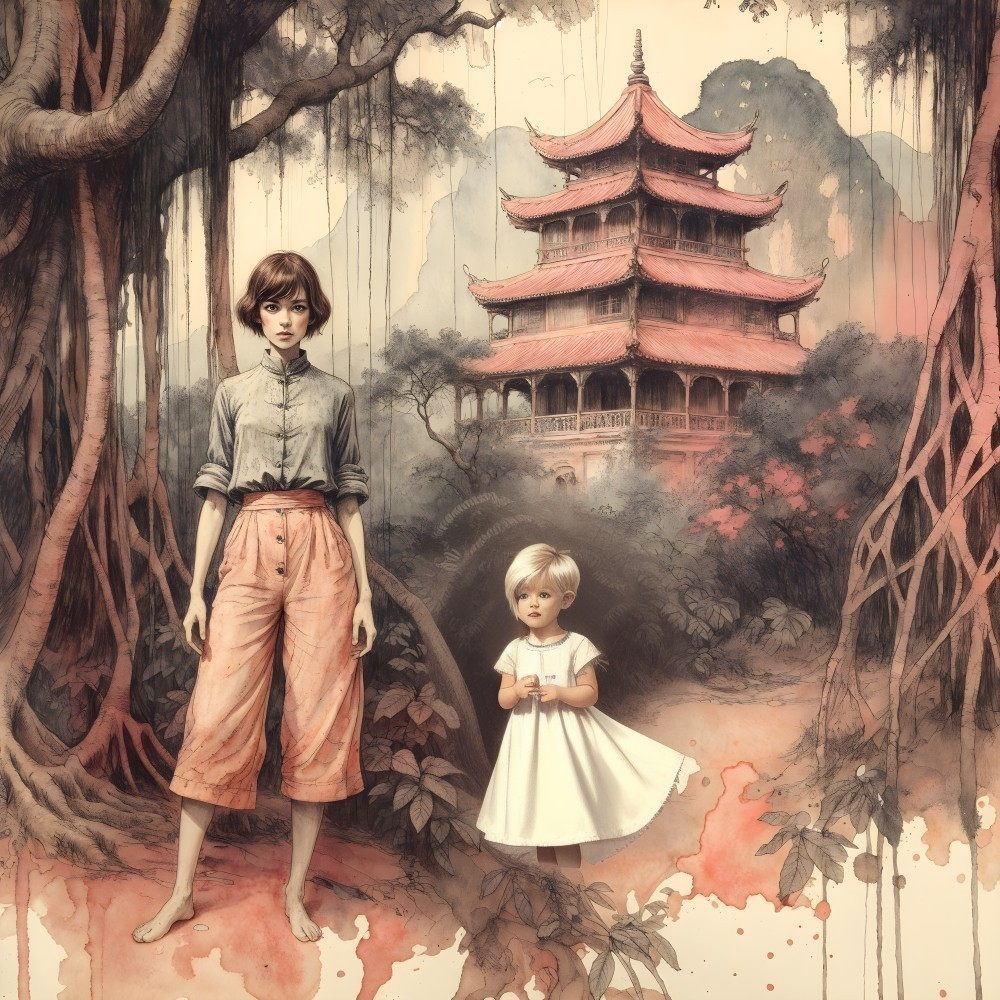Figures in Vintage Clothing by a Traditional Pagoda