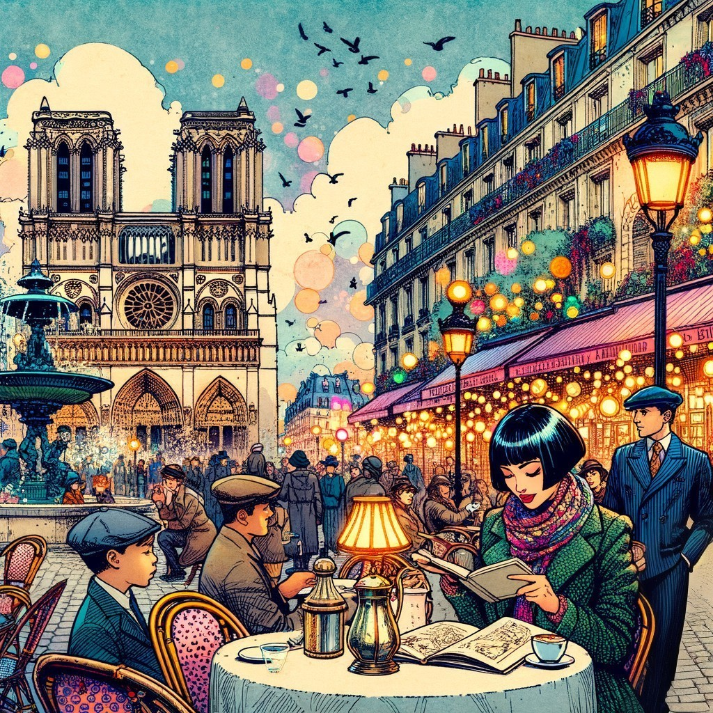 Vibrant Parisian Café Scene with Notre-Dame Cathedral