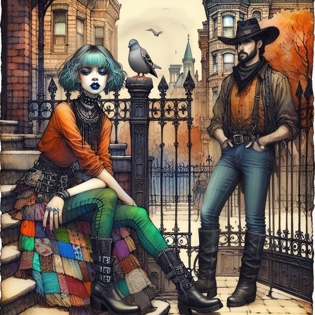 Whimsical Urban Scene with Stylish Characters and Pigeon