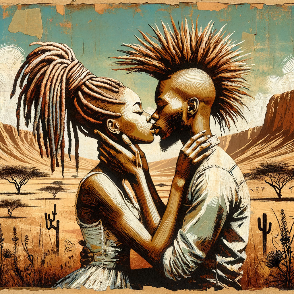 Couple Kissing in Vibrant Savanna Landscape Illustration