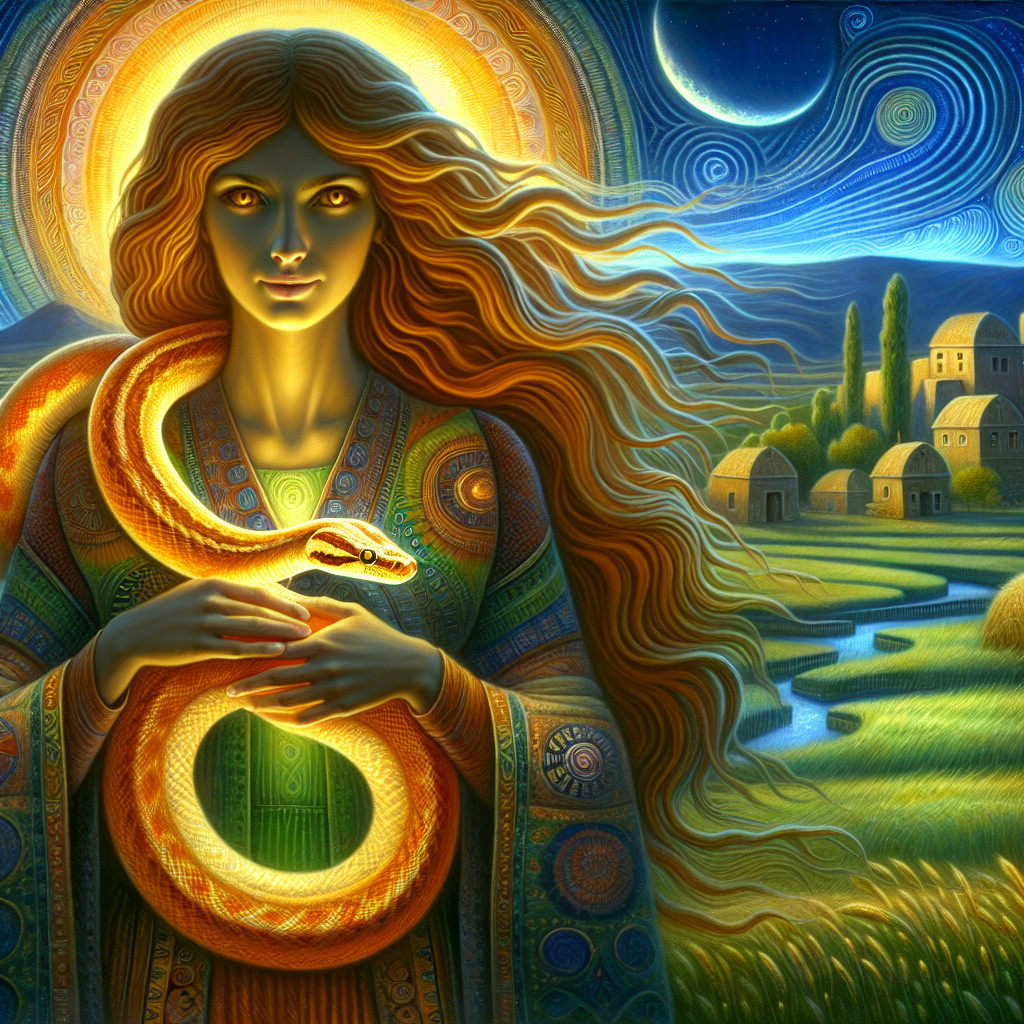 Mystical figure with serpent in a vibrant landscape