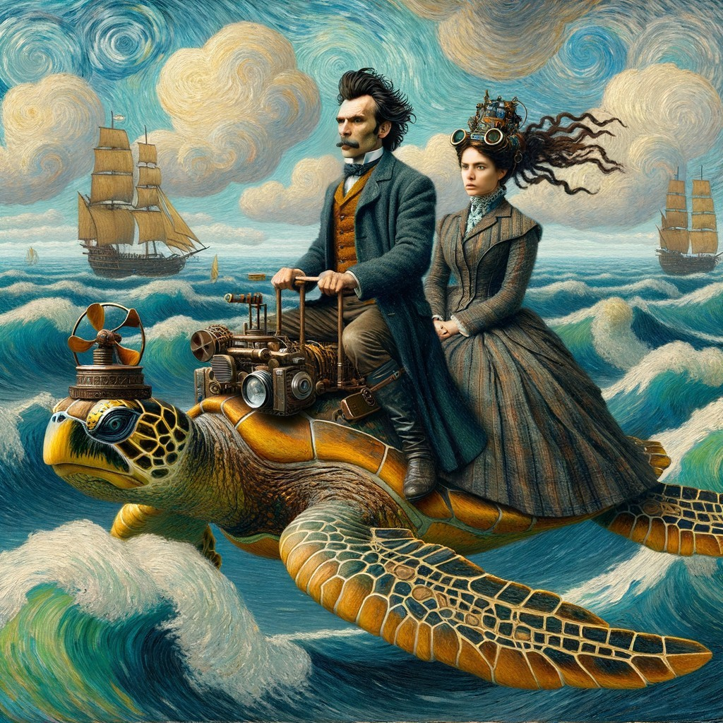 Steampunk Couple on Giant Turtle in Turbulent Sea