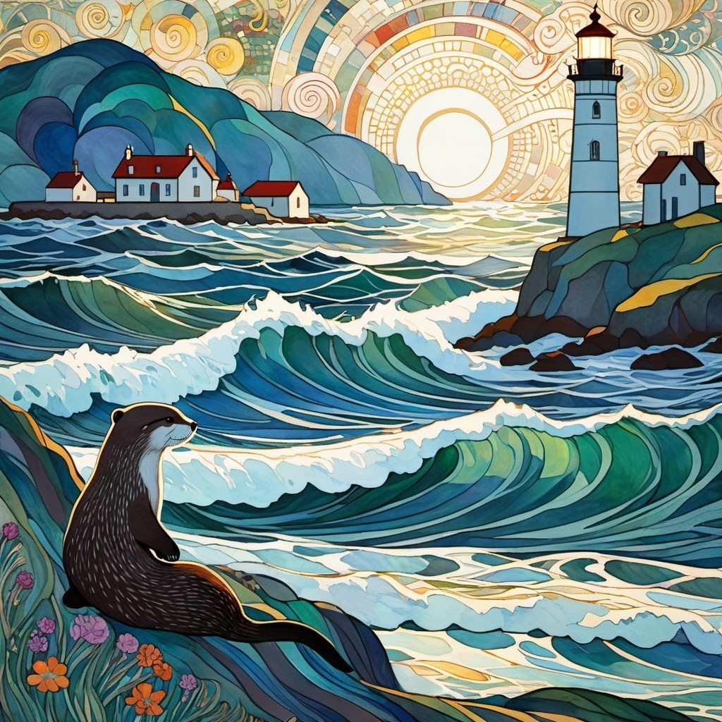 Serene Coastal Scene with Otter and Lighthouse