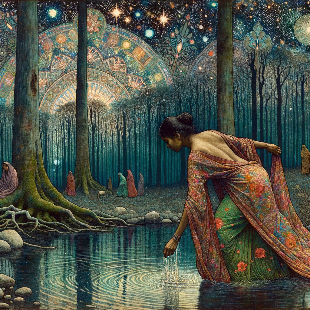 Mystical Forest Scene with Ethereal Figures and Water