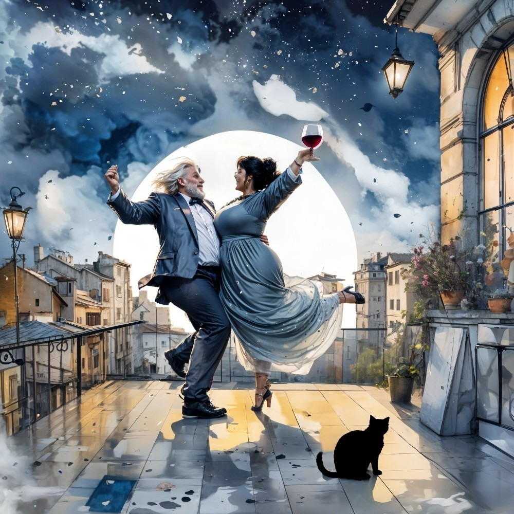 Couple Dancing on Balcony Under Starry Sky and Moon