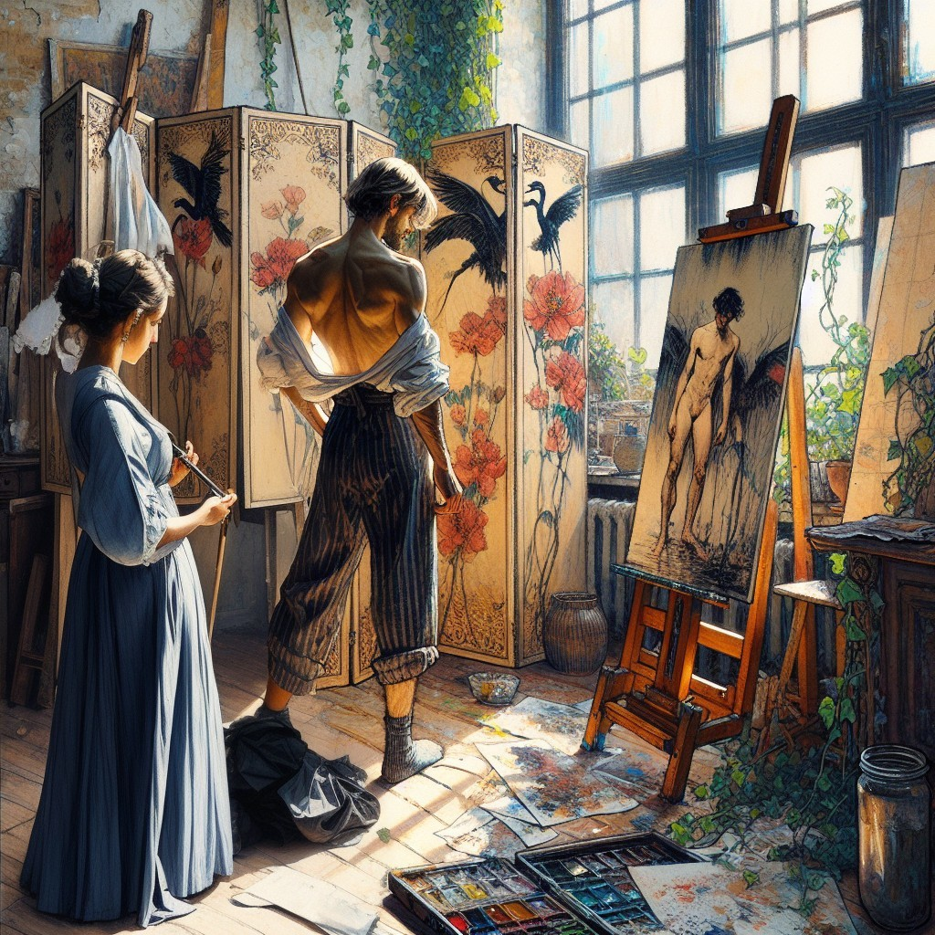 Artist's Studio with Model and Floral Decor Elements