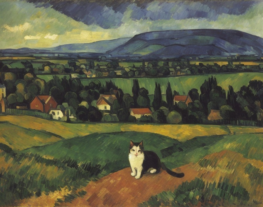 Black and white cat on a path with green fields backdrop