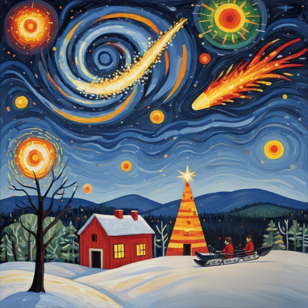 Cozy Red House in Snowy Landscape with Christmas Tree