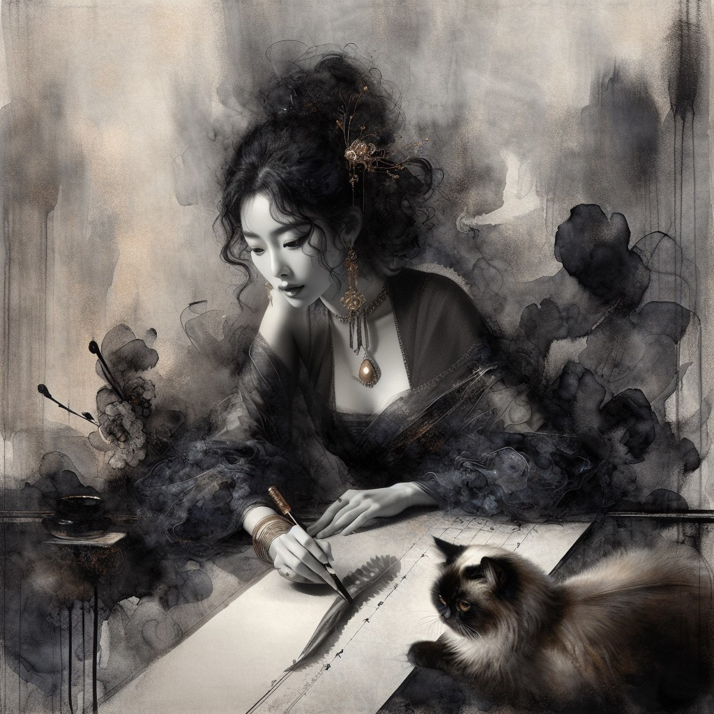 Elegant Woman Writing at Desk with Cat in Misty Setting