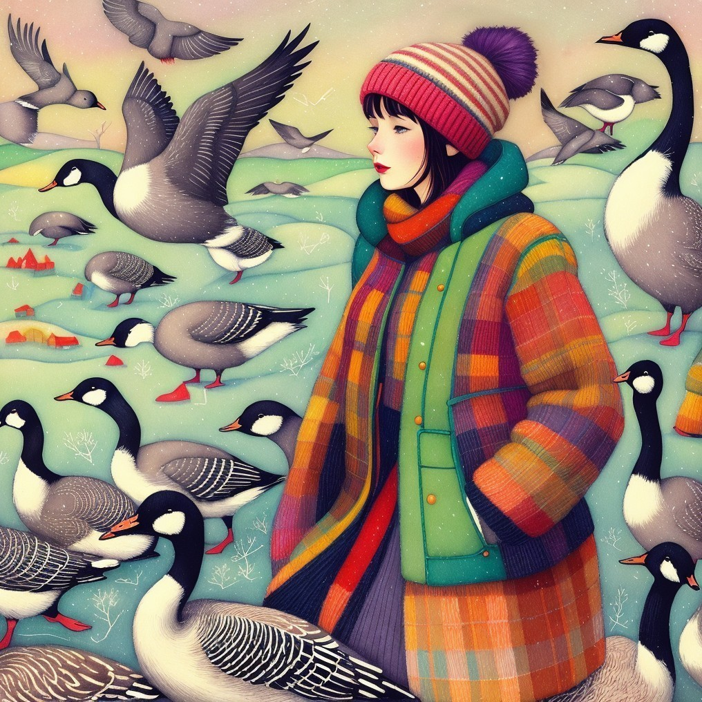 Young Woman in Colorful Coat Among Snowy Geese