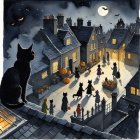 Moonlit Village Gathering with Shadowy Figures and Cats